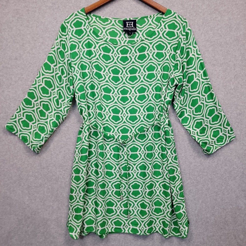 ESCAPADA Green White Size L Knee Length Dress Roll Tab Sleeves Belted Resortwear